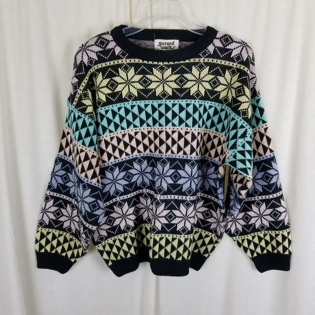 Vintage 90S Gerard Works Snowflake Nordic Loud Knit Sweater Womens M Hk Pastel 1