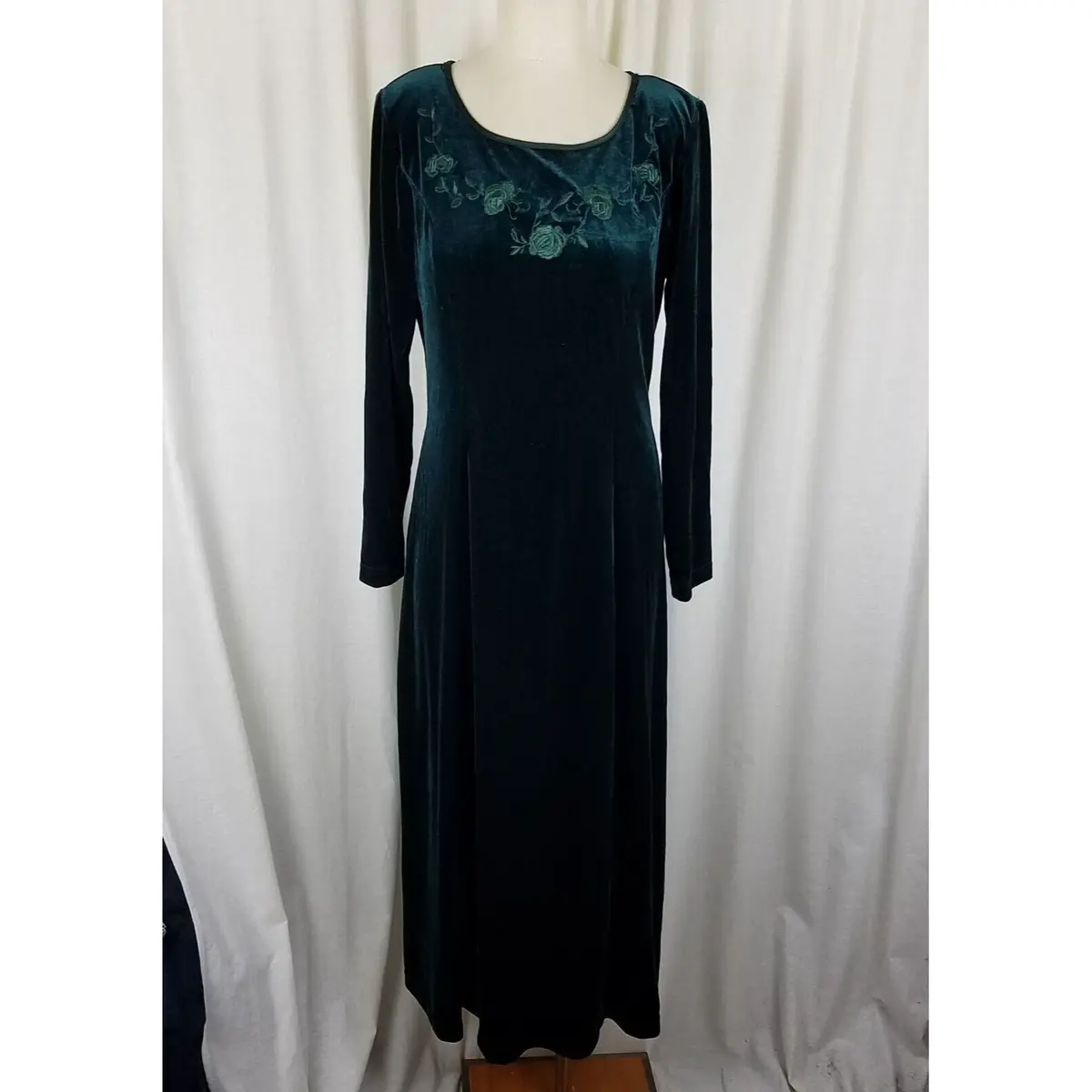 Vintage Coldwater Creek Floral Embroidered Green Velvet Maxi Dress Womens 10 Usa 1