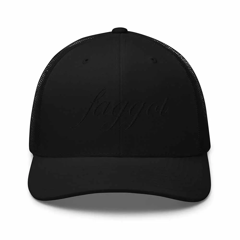 Black-On-Black Faggot Script Mesh Trucker Snapback Hat 1