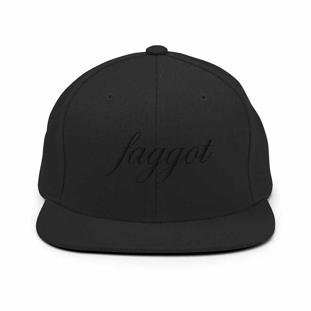 Black-On-Black Faggot  Script 6 Panel Flatbill Snapback Hat 1