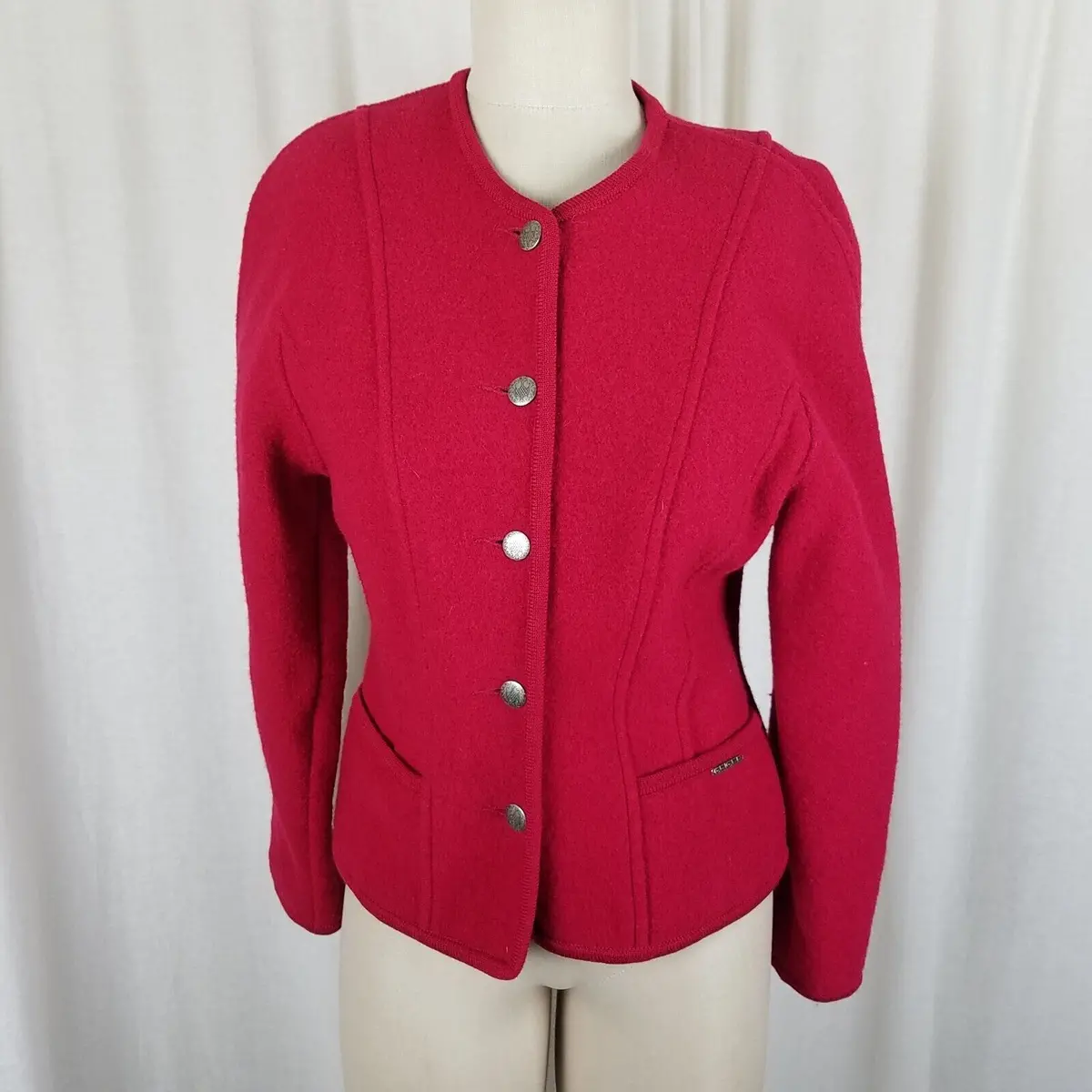 Geiger Austria Boiled Wool Metal Button Sweater Jacket Blazer Womens Green 38 8 1