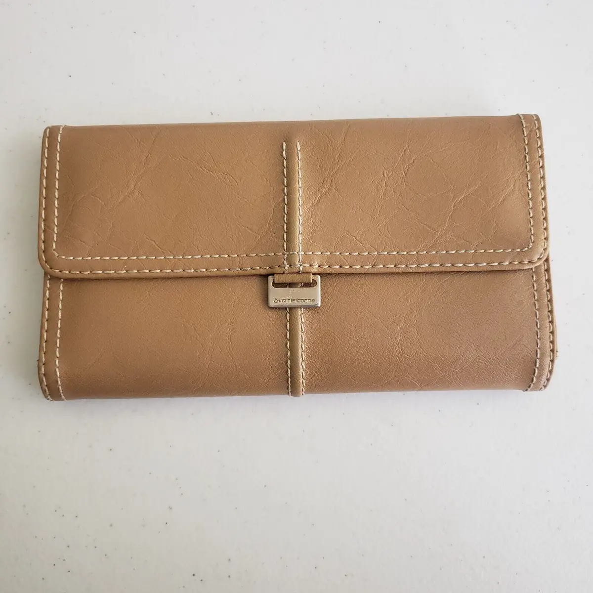 Vintage Liz Claiborne Leather Tri-Fold Wallet Clutch Credit Cards Coins Tan 1