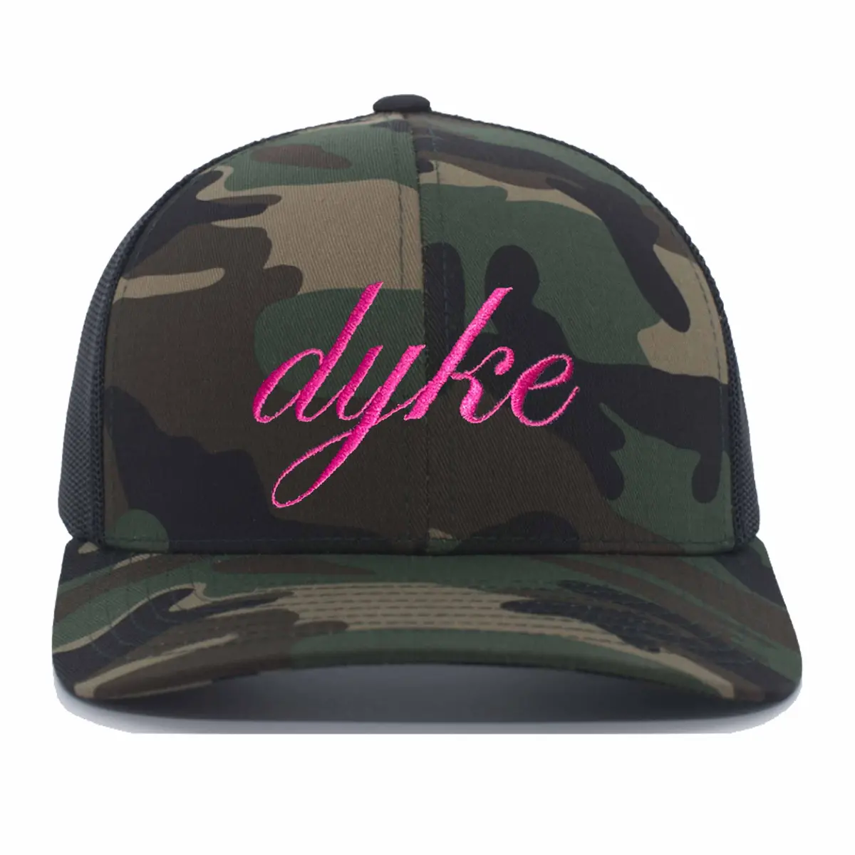 Dyke Script Camo Black Mesh Trucker Snapback Hat 1