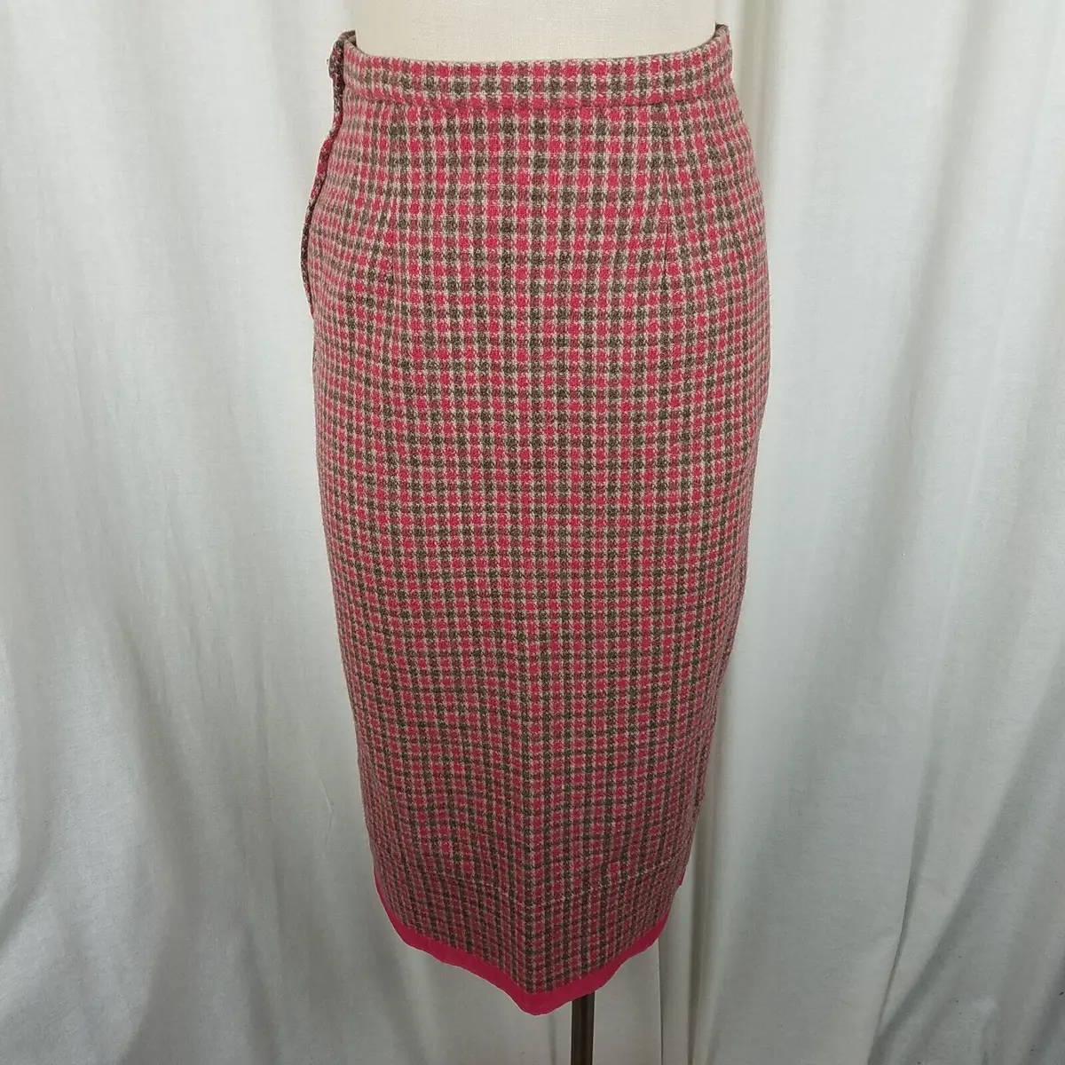 Vintage Handmade Plaid Checked Wool Tweed Midi Skirt Womens S 1950S 1960S 1970S 1
