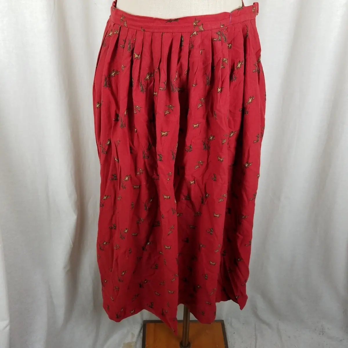 Vintage Ralph Lauren Red Duck Hunting Pleated Maxi Twirl Skirt Womens 14 Cotton 1