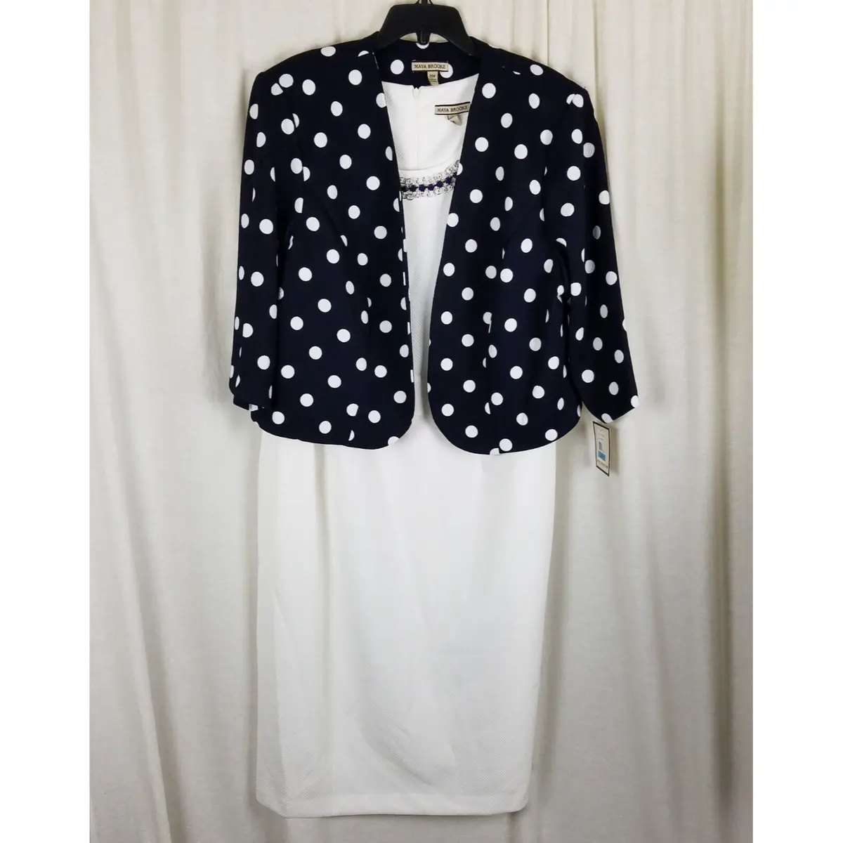Maya Brooke Polka Dot Printed Short Jacket & Tank Dress Set Womens 16 Navy White 1