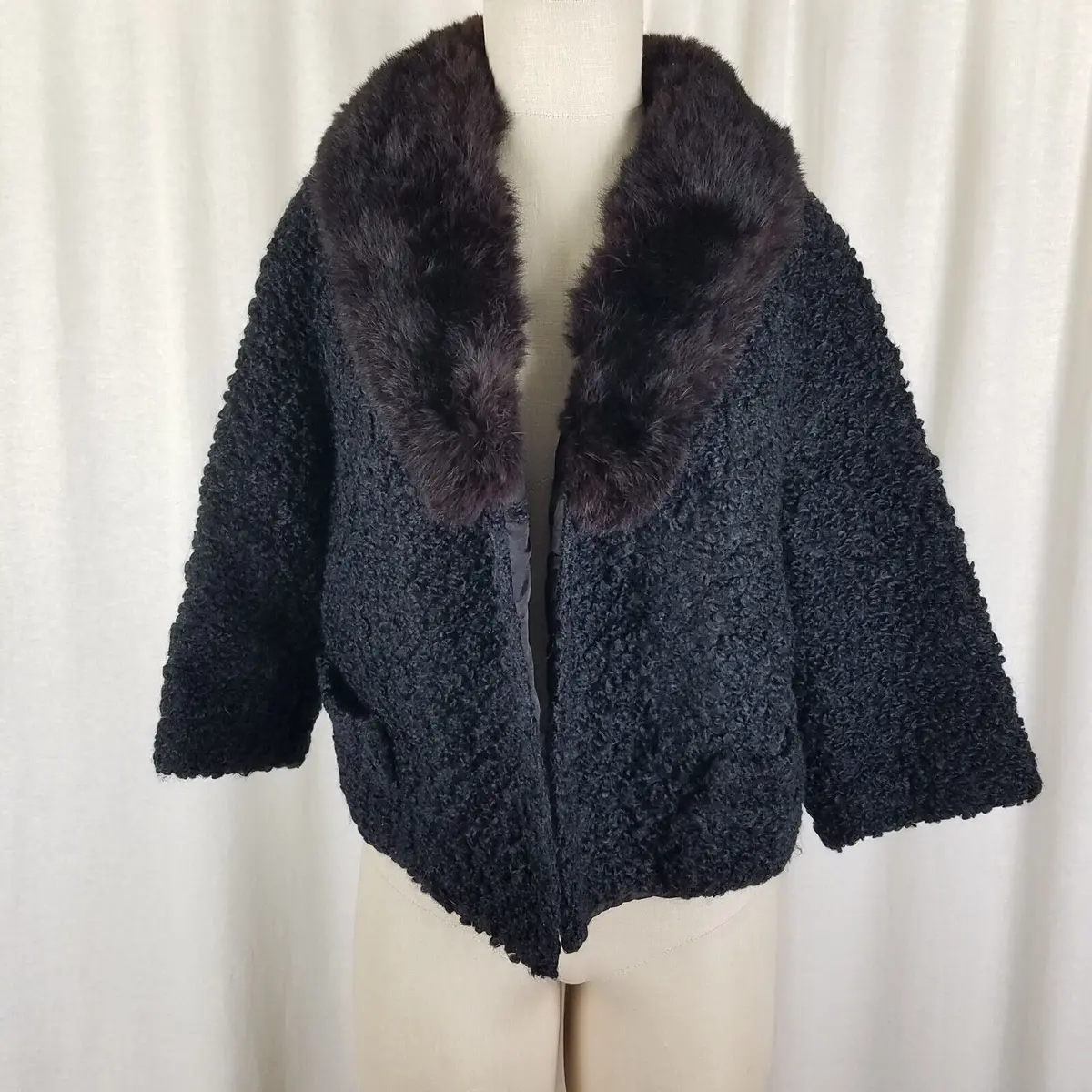 Vintage Winter Persian Nubby Wool Fur Muff Collar Mcm Peacoat Jacket Womens M 1