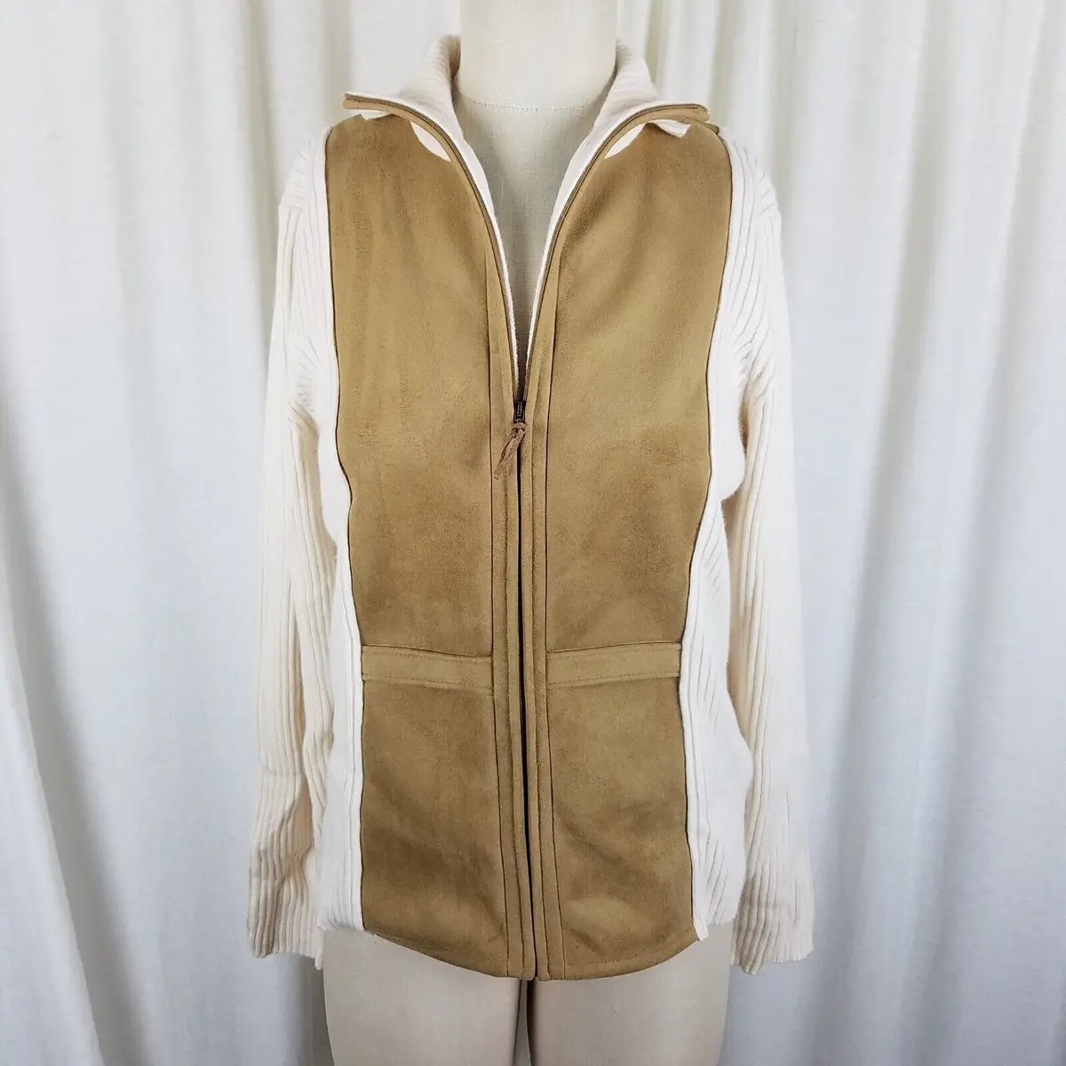 Liz Claiborne Angora Wool Faux Suede Bodice Sweater Jacket Shacket Womens L Tan 1