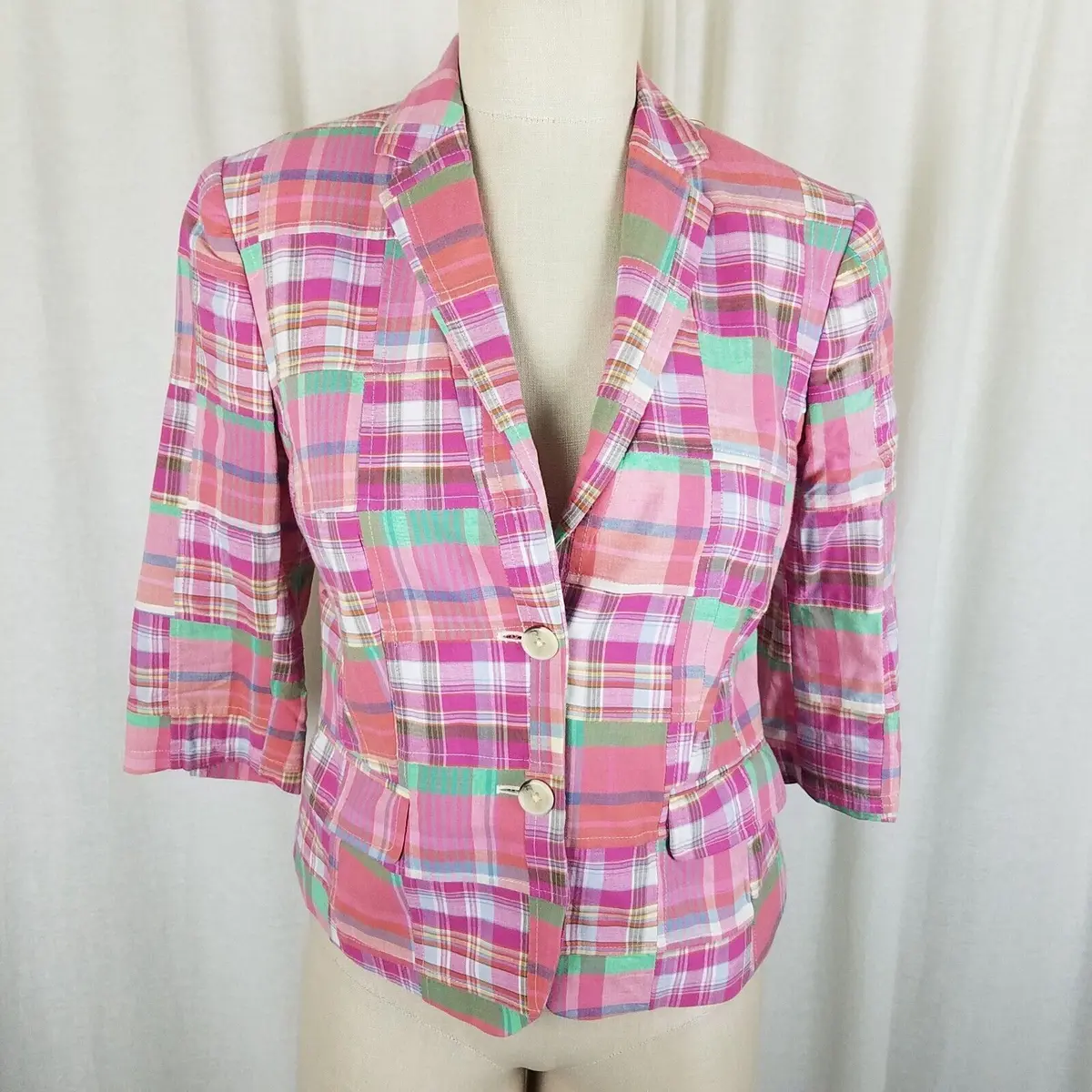 Lord & Taylor Patchwork Madras Plaid Jacket Blazer Womens 2 3/4 Sleeves Pink 1