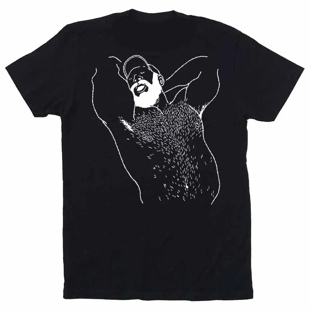 Kinky Needles Arms Up Bearded Bear White Print T-Shirt 1