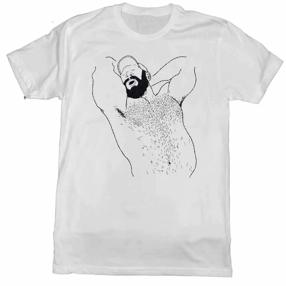 Kinky Needles Arms Up Bearded Bear Black Print White T-Shirt 1