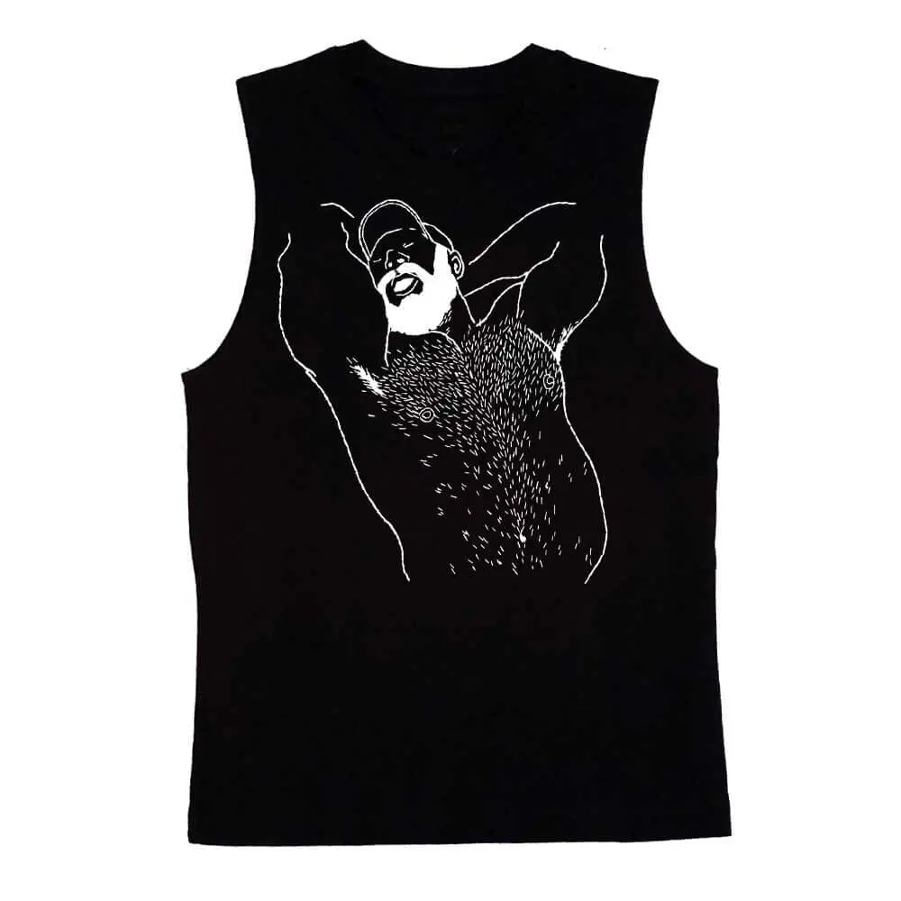 Kinky Needles Arms Up Bearded Bear White Print Sleeveless T-Shirt 1