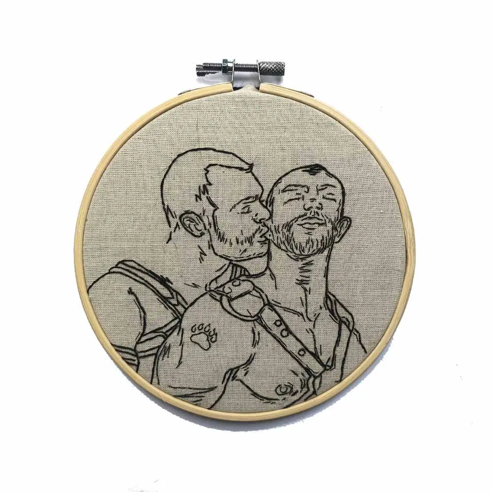 Harnessed Men Ear Biting Original Embroidery 1