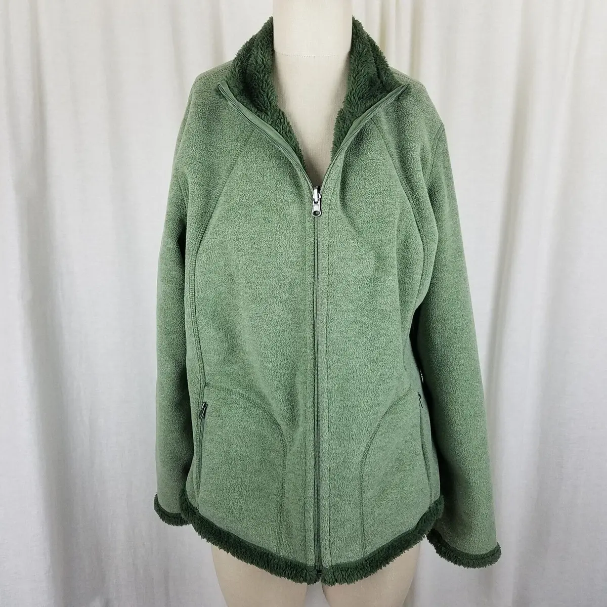 Laura Scott Faux Fur Lined Fleece Windbreaker Jacket Womens Xl Contrast Green 1