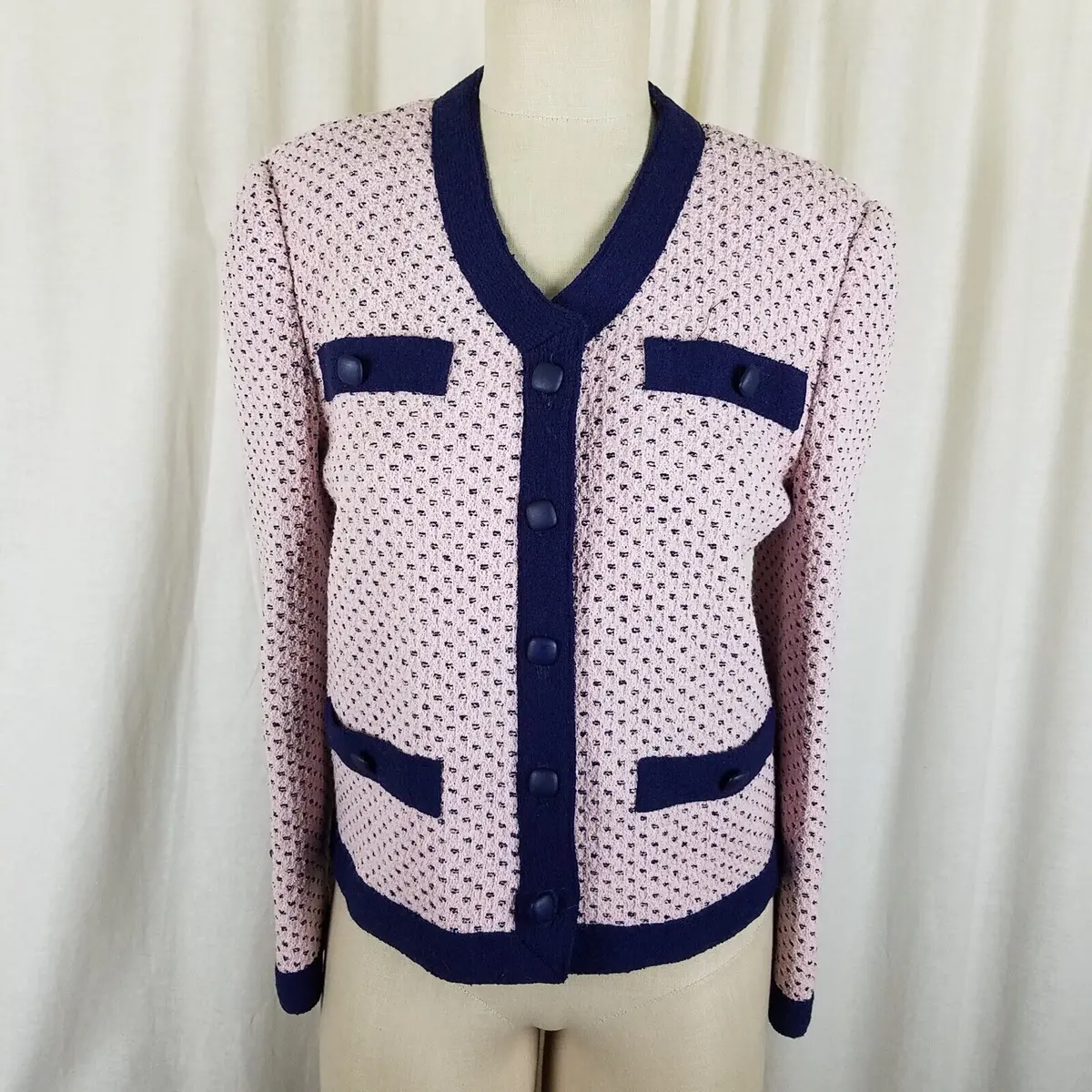Castleberry Woven Wool Birdseye Navy Polka Dot Sweater Jacket Blazer Womens 10 1