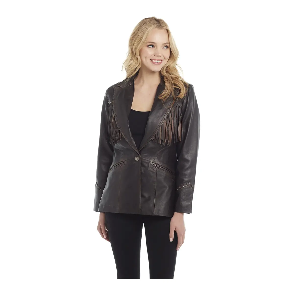 Pbr Ladies Studded Fringe Snap Blazer - Brown 1
