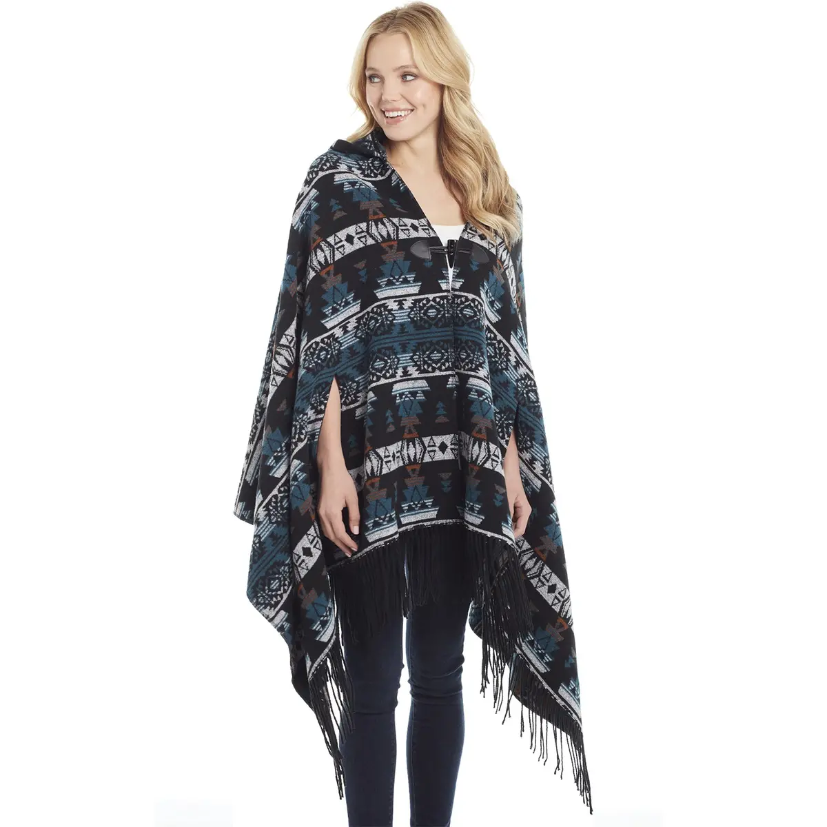 Pbr Ladies Hooded Fringe Navajo Poncho - Black 1