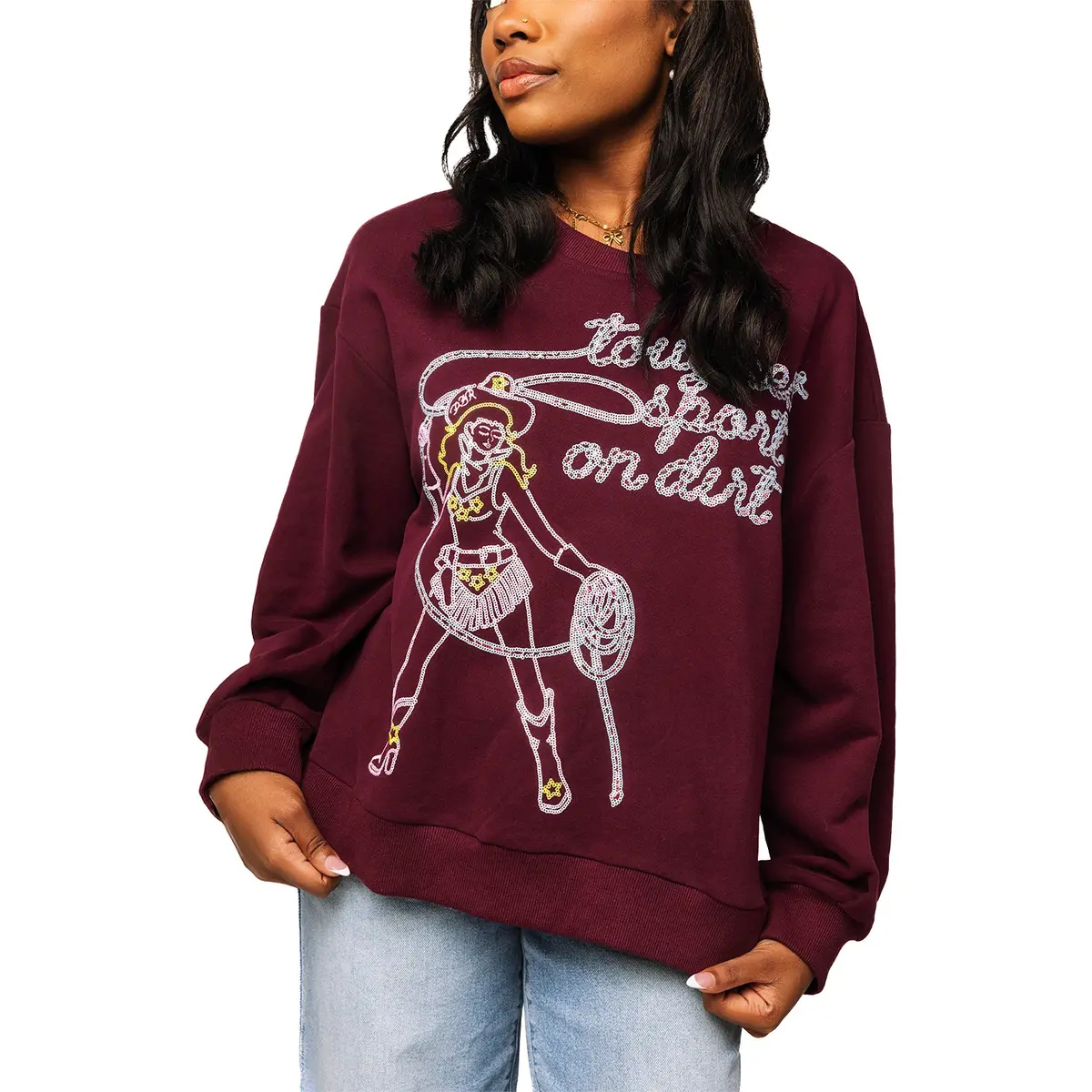 Pbr X Queen Of Sparkles Toughest Sport On Dirt Crewneck Sweatshirt - Maroon 1