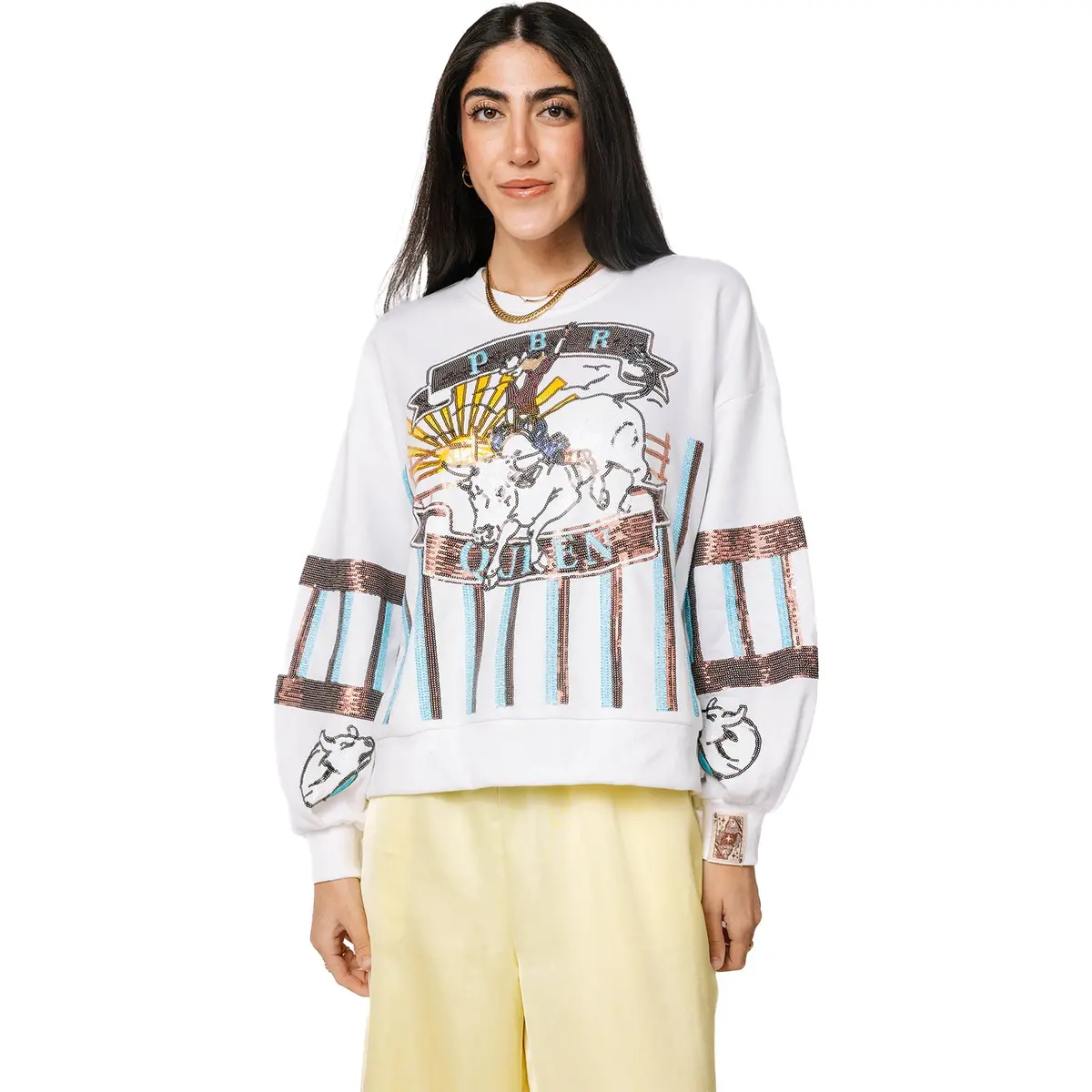 Pbr X Queen Of Sparkles Cowgirl Queen Crewneck Sweatshirt - White 1