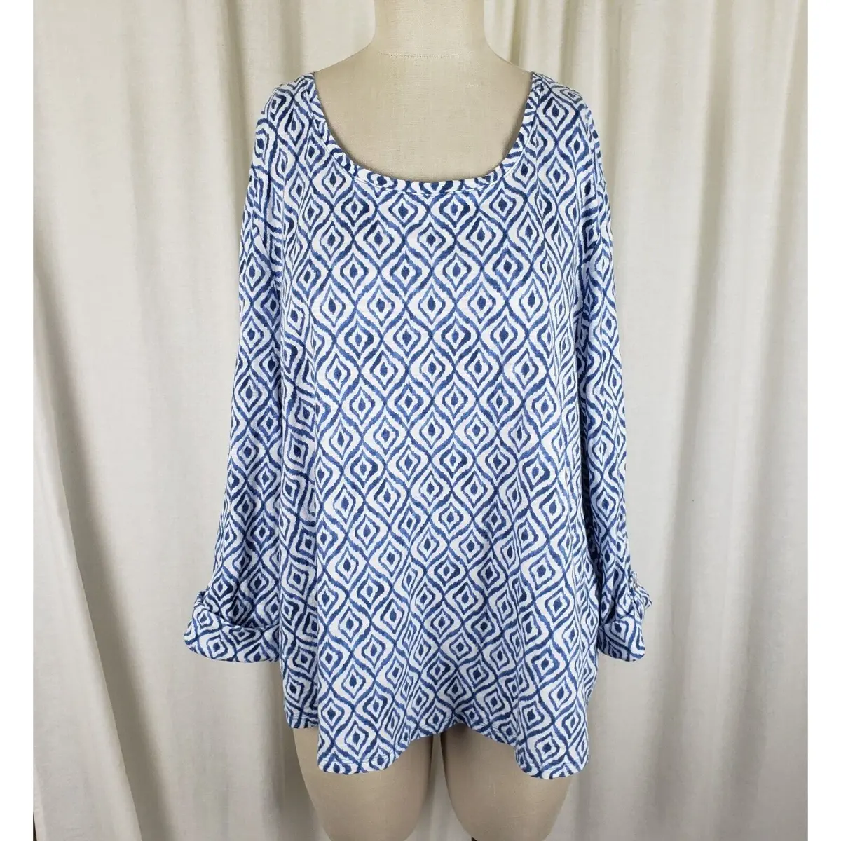 Chico's Ikat Printscoop Neck Tunic Top Shirt Womens Sz 3 Xl Lagenlook Blue White 1