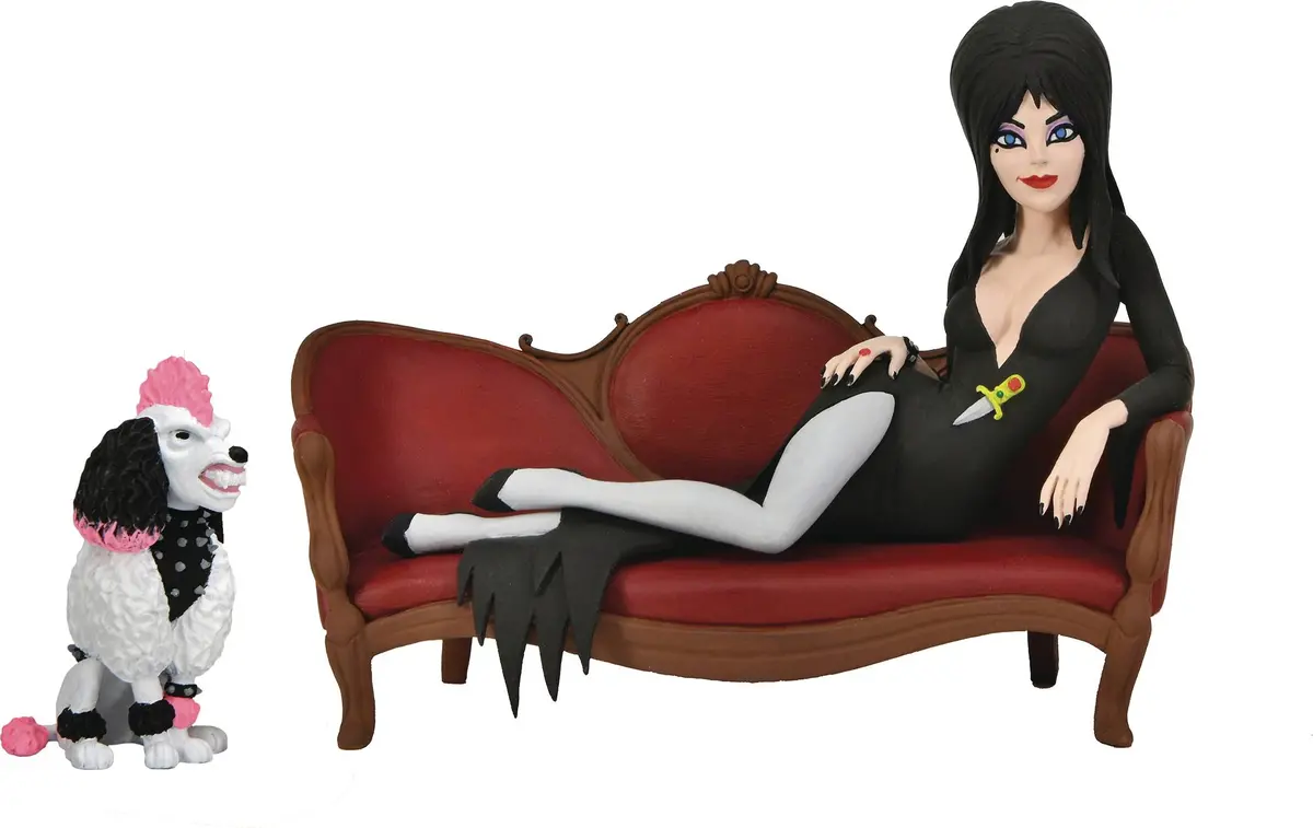 Neca Toony Terrors - Elvira, Mistress Of The Dark (On Couch) & Gonk (Pet Dog) Action Figures (56082) Low Stock 1