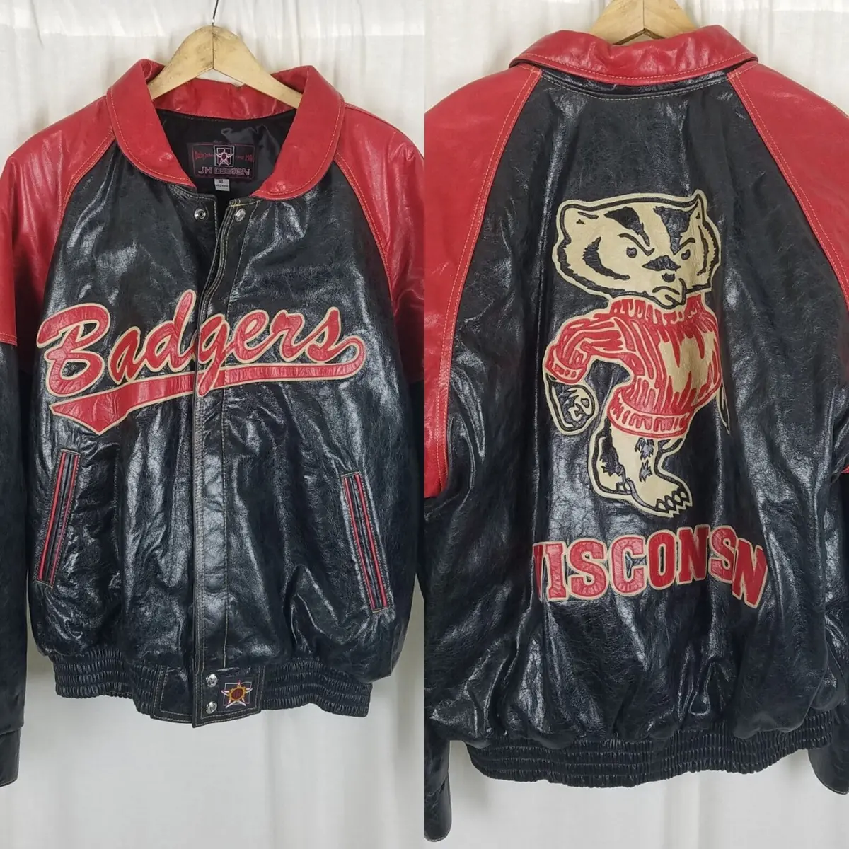 Vintage Jh Design Wisconsin Badgers Leather Bomber Jacket Letterman Mens Xl Usa 1