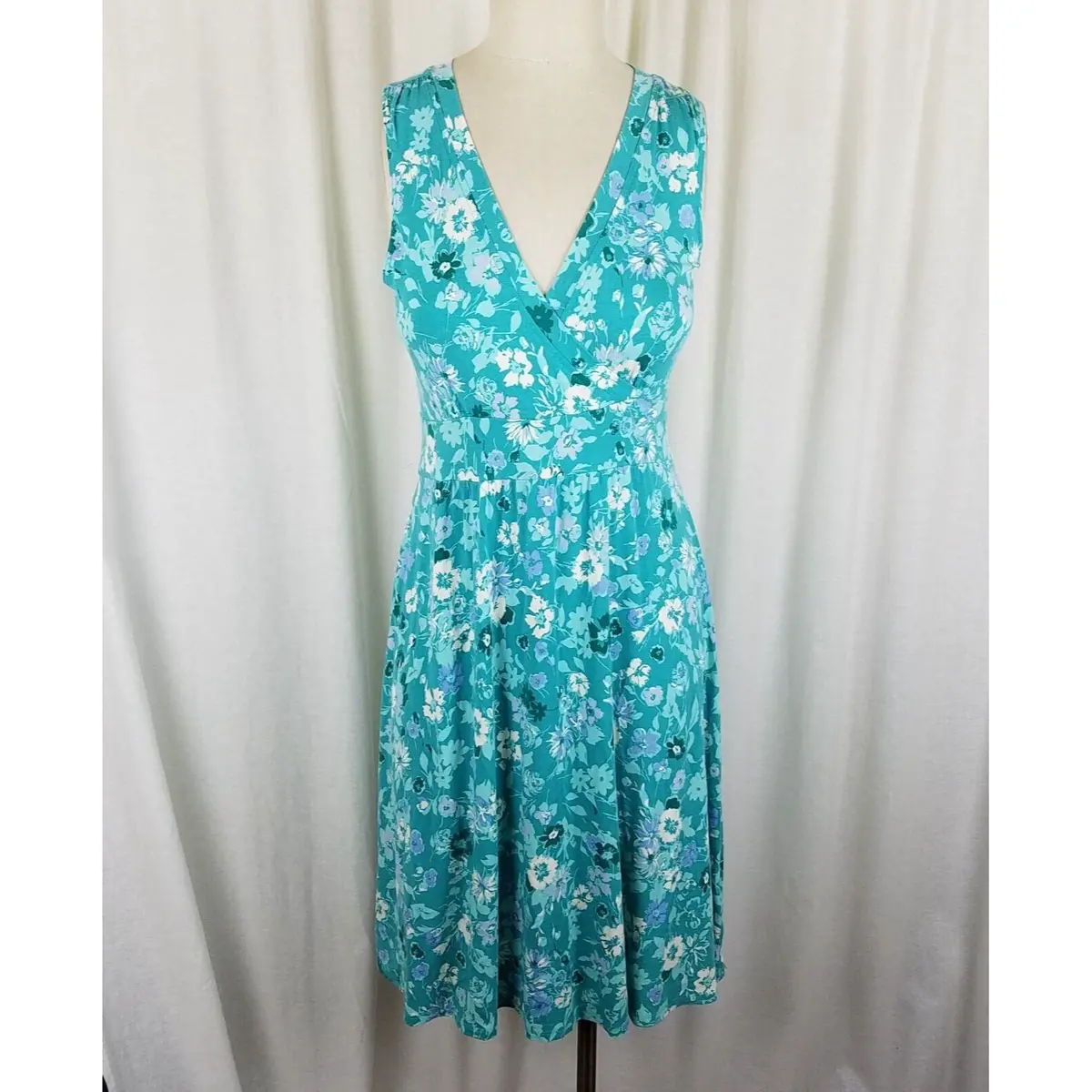 Ll Bean Stretch Faux Wrap Floral Summer Twirl Dress Womens Xs Banded Waist Green 1