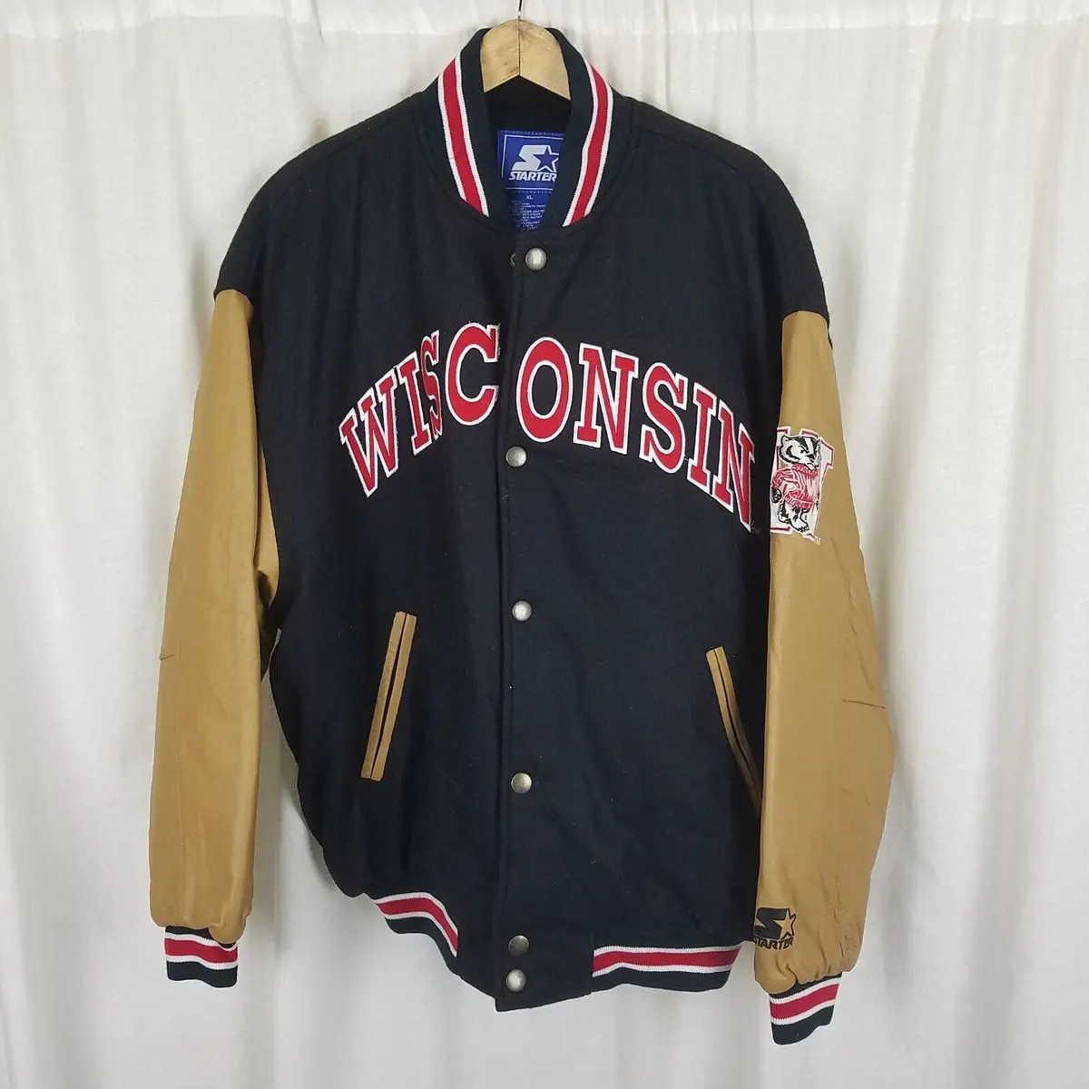Vintage Starter Wisconsin Badgers Wool Leather Bomber Jacket Letterman Mens Xl 1