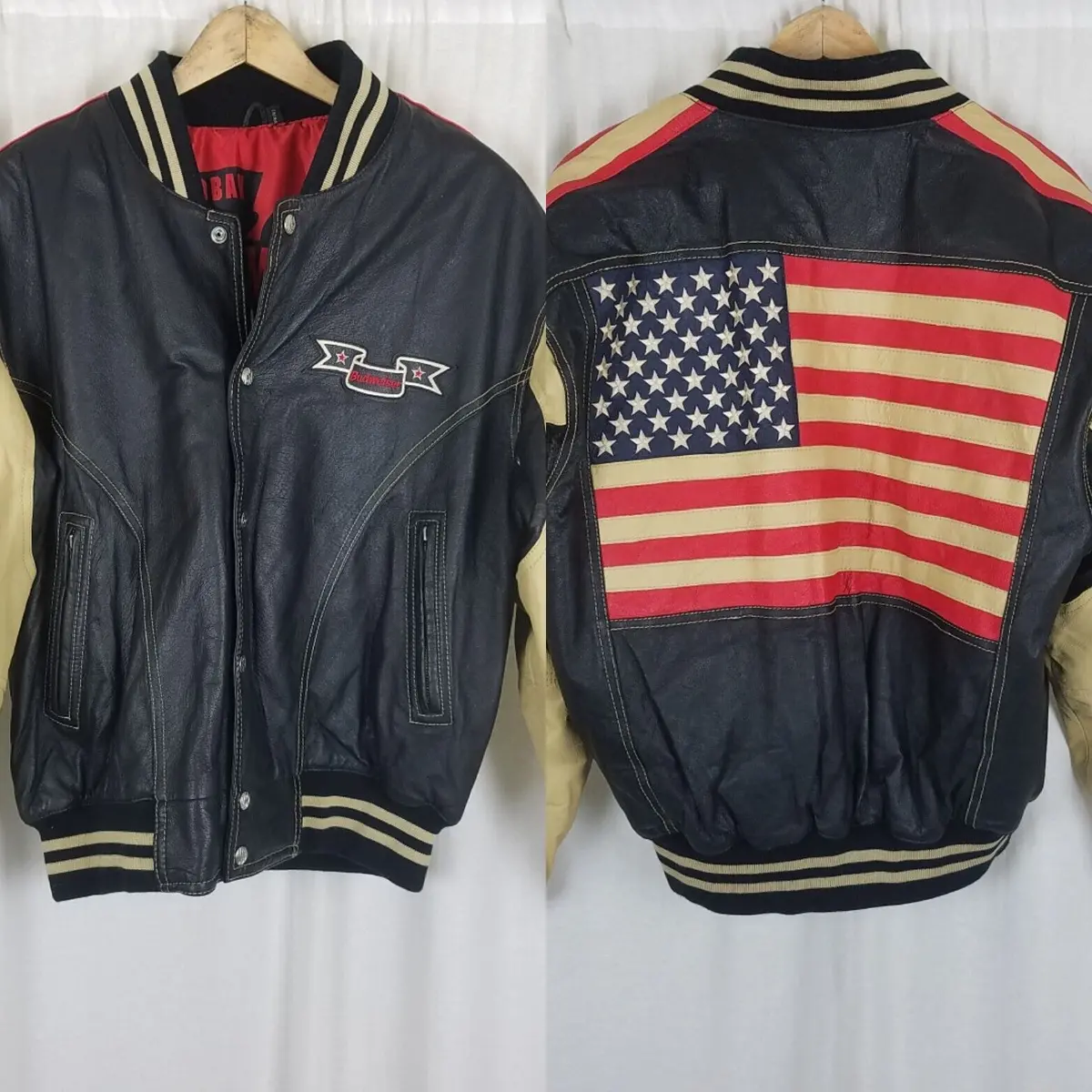 Vintage Michael Hoban Where Mi Budweiser Usa Flag Leather Bomber Jacket Mens L 1