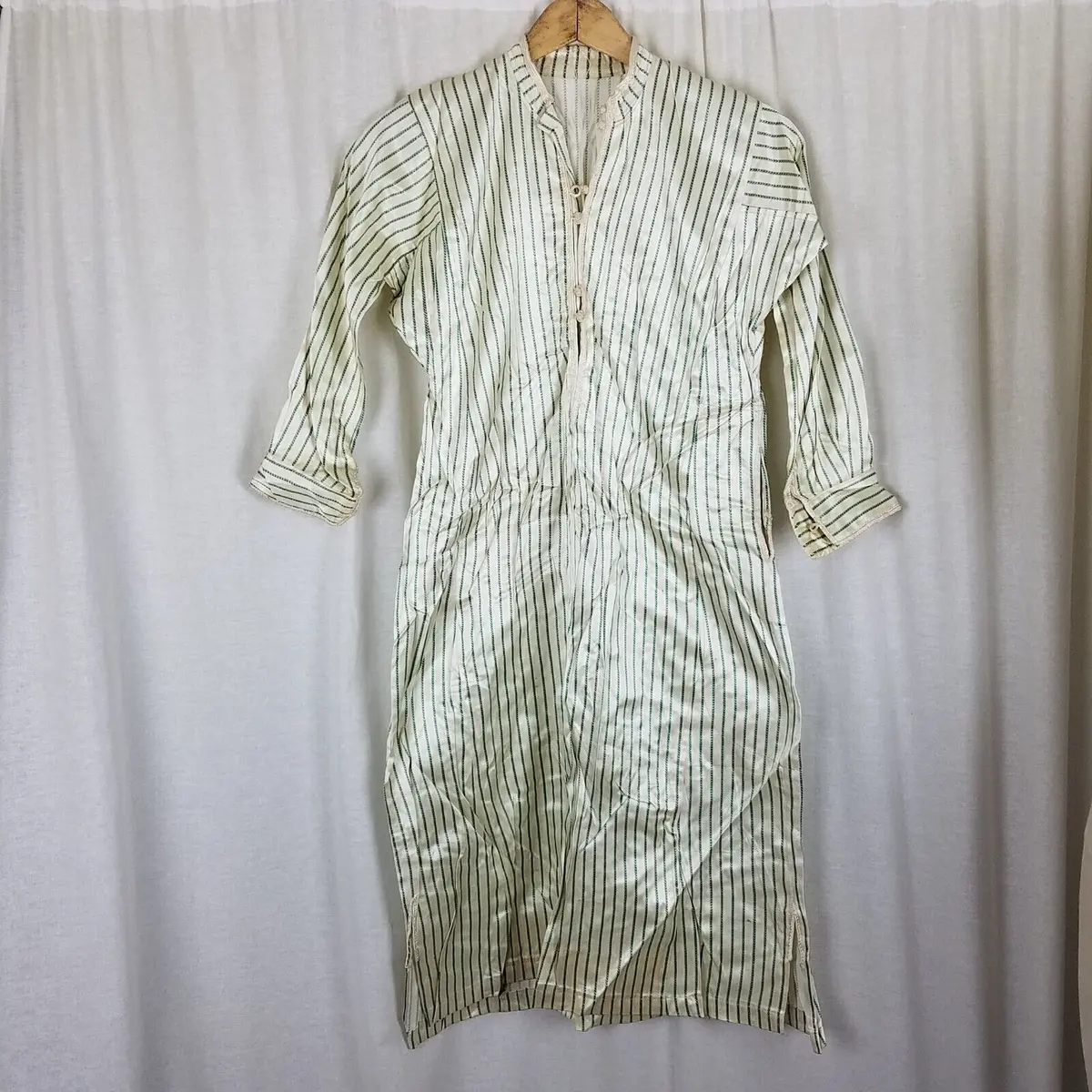 Antique French Satin Long Night Dress Shirt Mens Womens Unisex Xs S Pinstripes 1