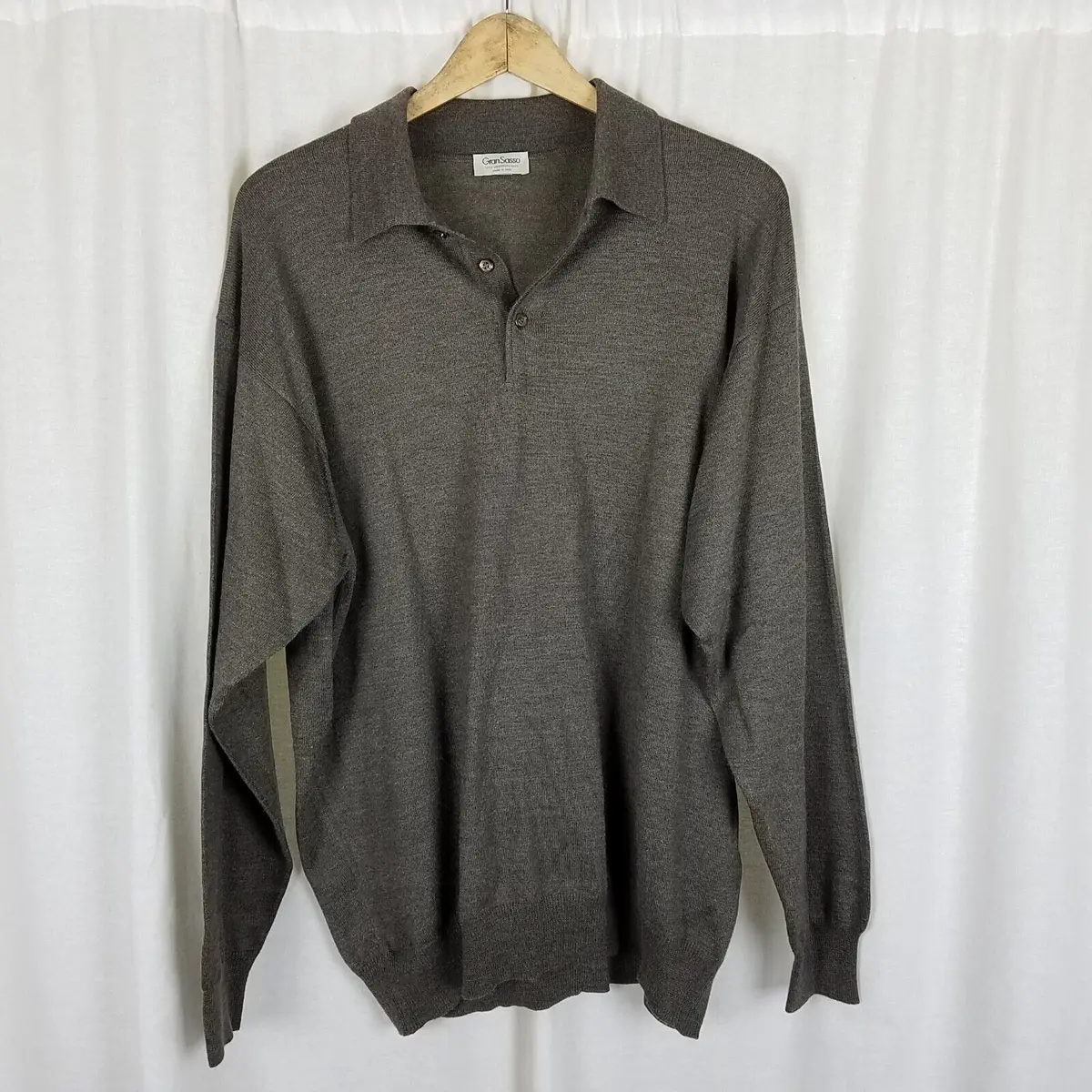 Vintage Gran Sasso Silk Cashmere Polo Collared Henley Sweater Mens 54 Xl Brown 1
