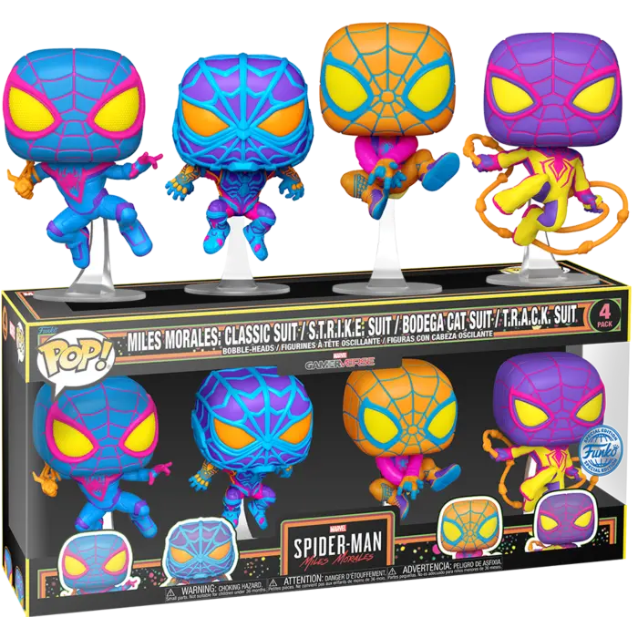 Funko Pop! Marvel Gamerverse Spider-Man Miles Morales Classic, Strike, Bodega, Track Blacklight 4-Pack 1