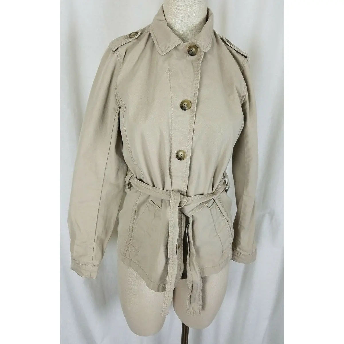 Gap Cotton Canvas Belted Tie Sash Short Trench Coat Jacket Womens Xs Tan Button 1