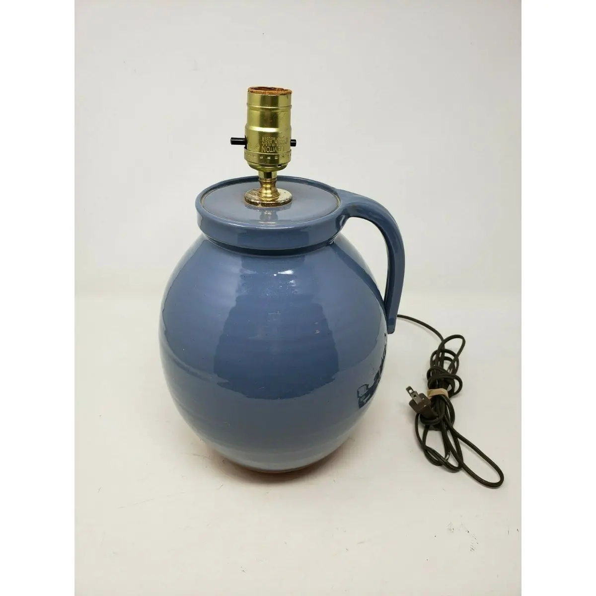 Gris Pottery Vintage Handled Jug Blue Terracotta Table Lamp 1986 10" Signed Il 1