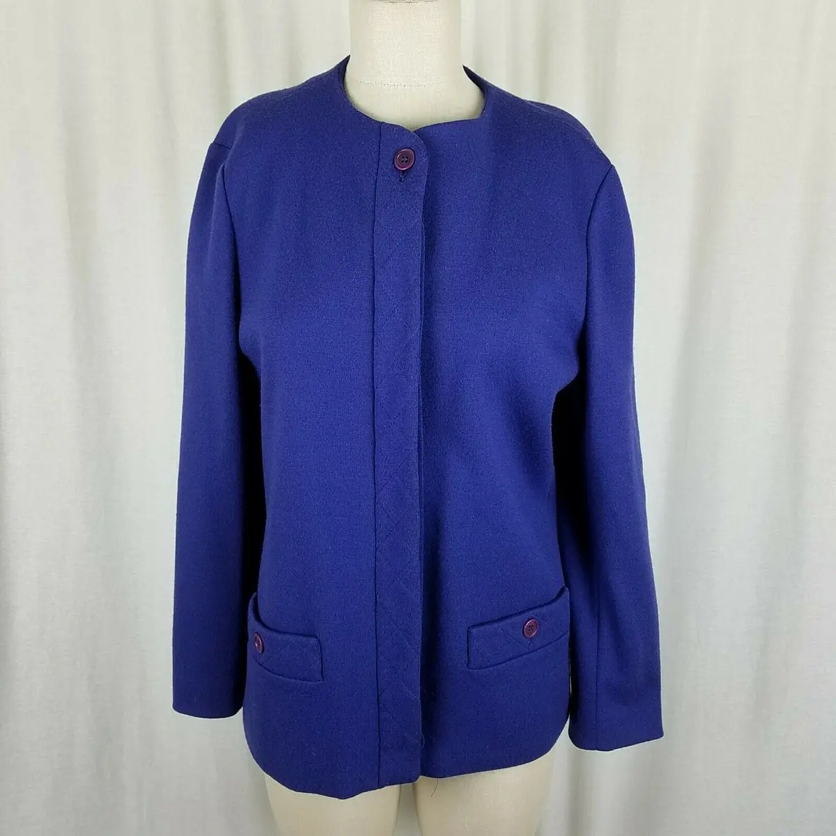 Bleyle All Wool Collarless Placket Front Blazer Jacket Womens 10 Cobalt Blue Usa 1
