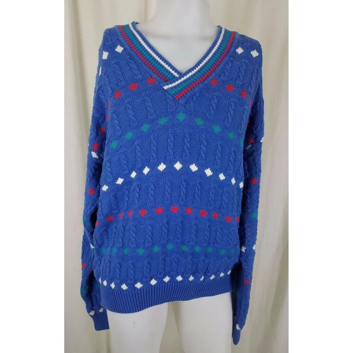 Vintage Izod Vneck Diamond Cricket Cable Knit Sweater Mens L England Blue 80S 1