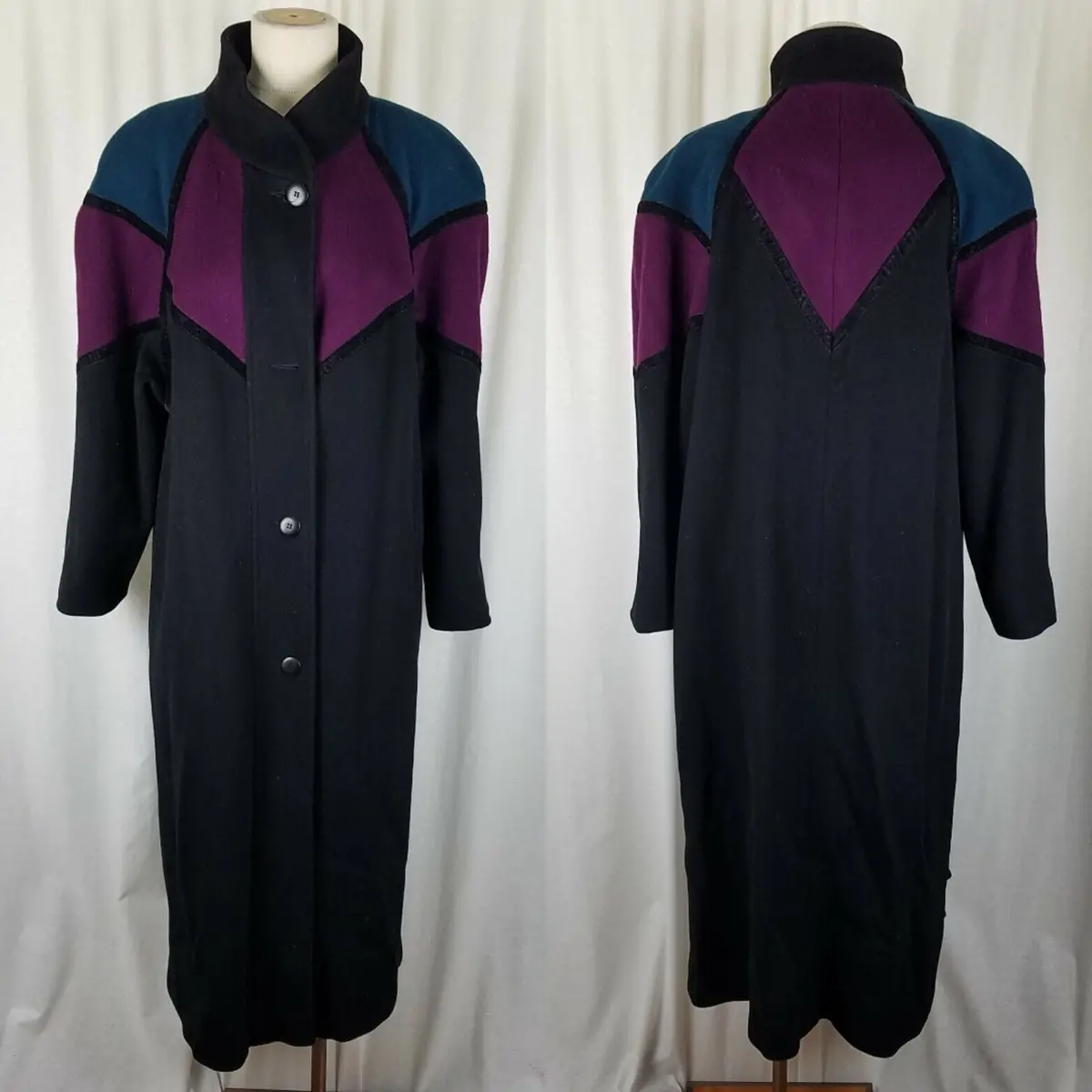 Forecaster Of Boston Colorful Wool Patchwork Peacoat Womens 14 Black Turquoise 1