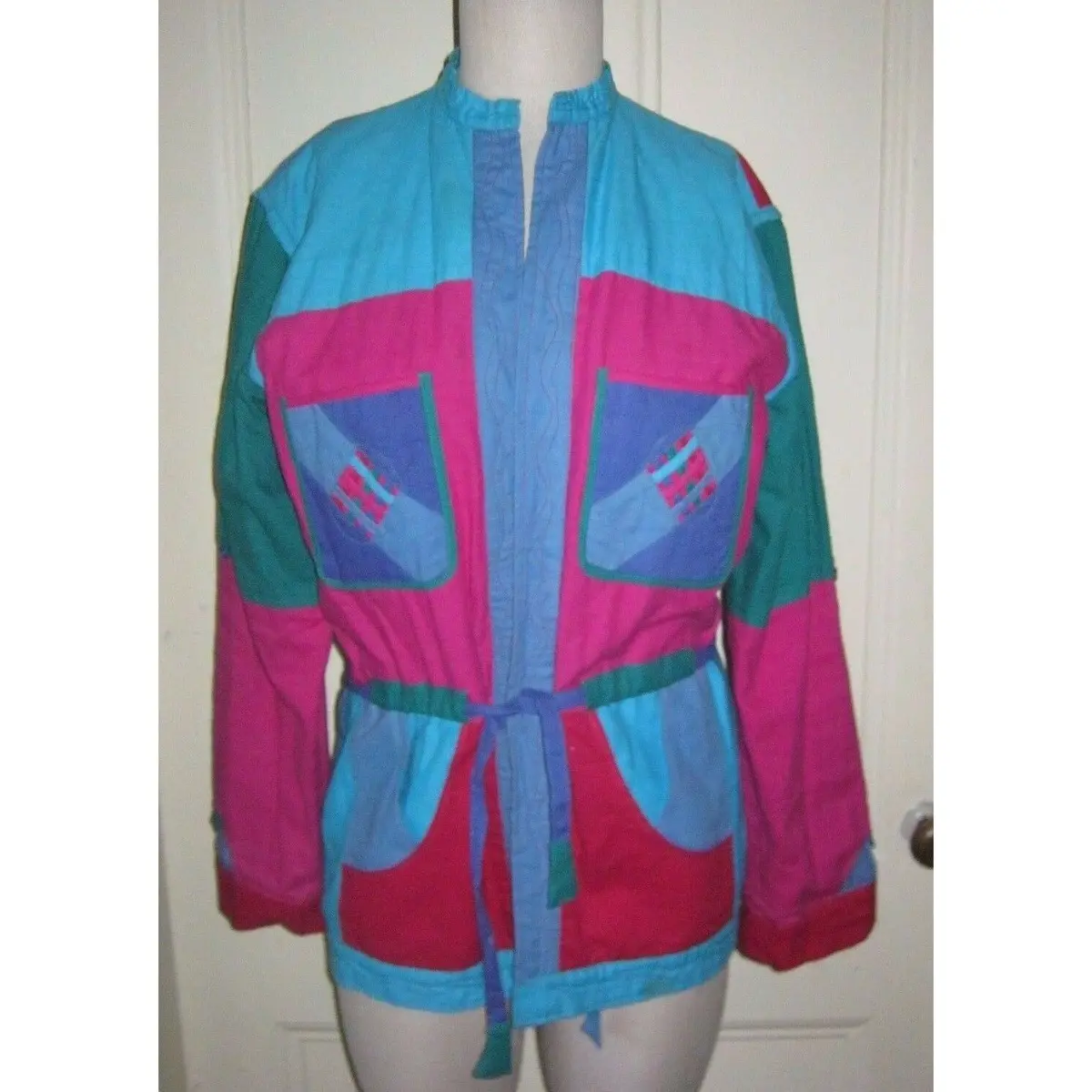 Colorblock Patchwork Quilted Wrap Open Front Belted Jacket Womens M Boho Hippie 1