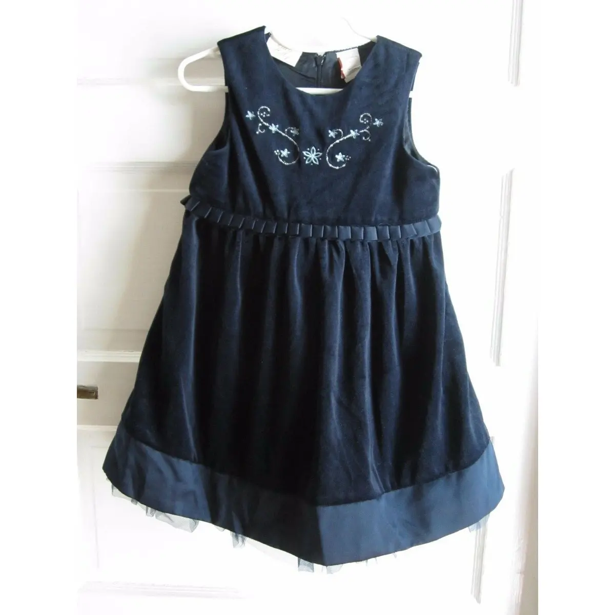 Little Bitty Embroidered Floral Velvet Pleated Tulle Party Dress Girls 4T Navy 1