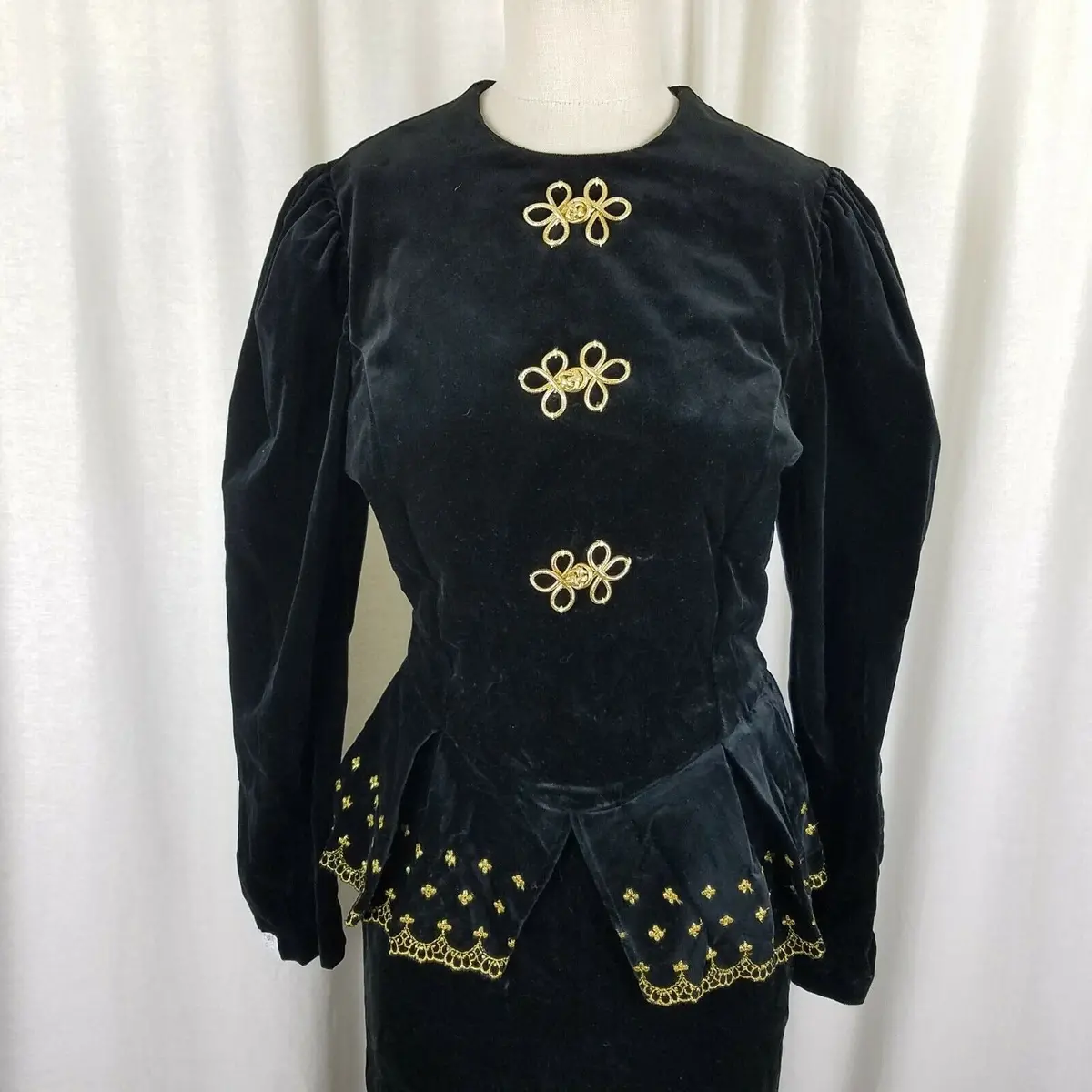 Jan Briggs Black Velvet Peplum Dress Gold Embellishments Womens 12 Vintage 80S 2