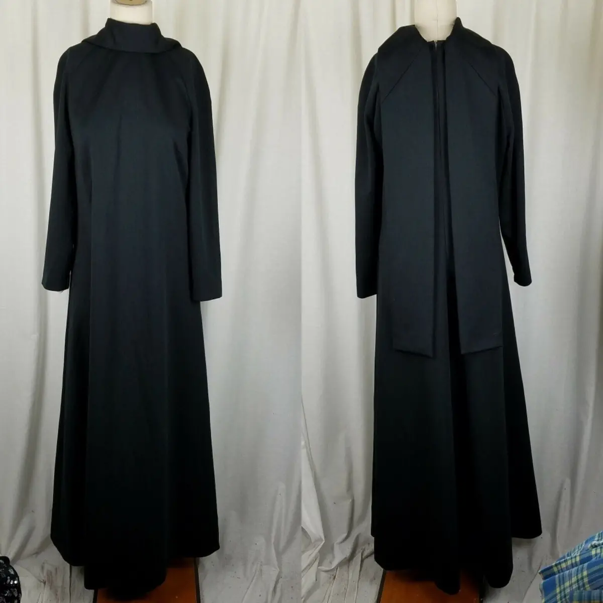 Vintage Black Weighted Built In Scarf Neckline Long Maxi Flowing Dress Womens M 1