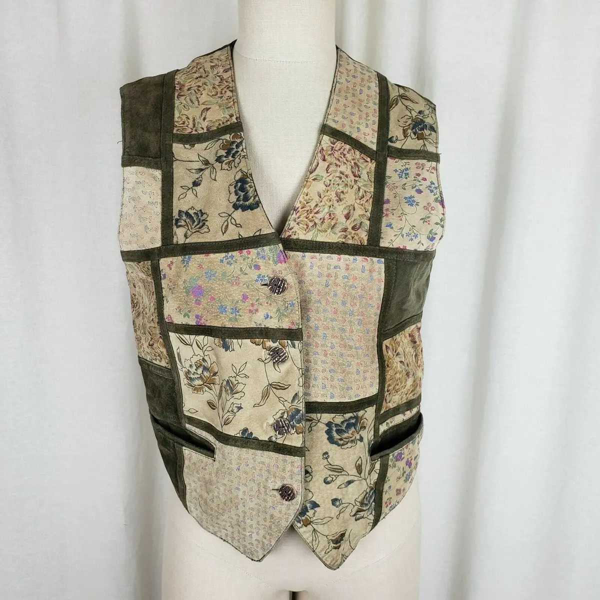 Leather Sound Pig Suede Patchwork Vest Buckle Back Womens S Boho Hippie Country 1