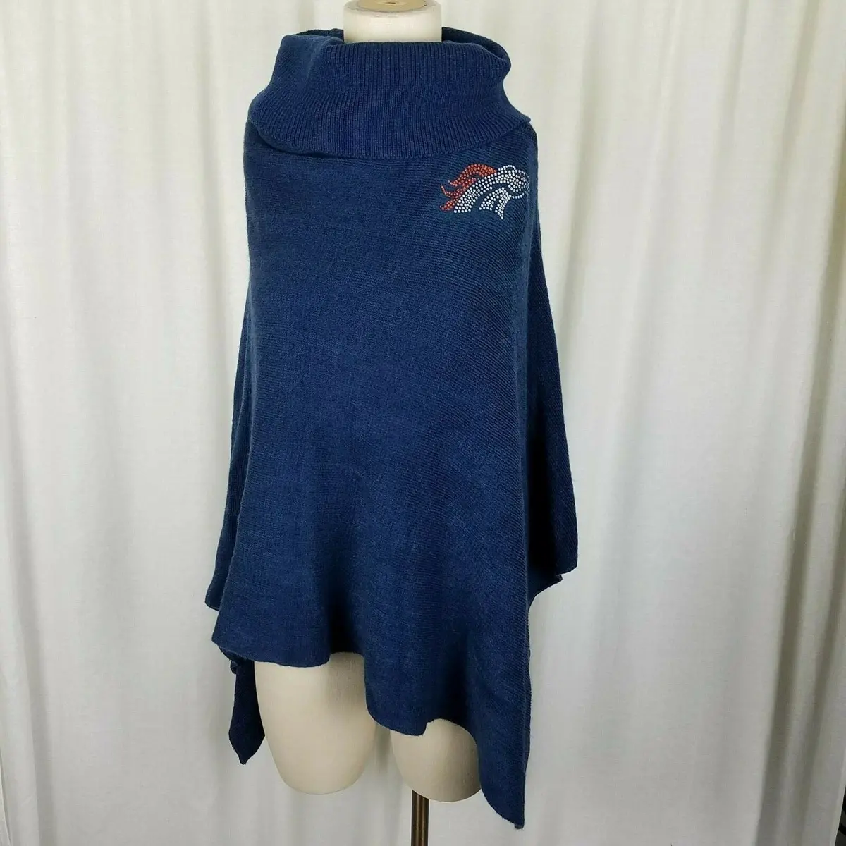 Denver Broncos Nfl Crystal Logo Sweater Knit Poncho Cowl Neck Shawl Cape Hi/Lo 1