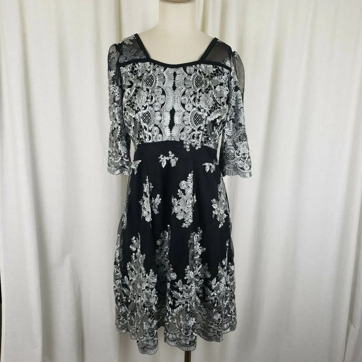 Mod Vintage 60S Twiggy Space Age Fit & Flare Twirl Dress Sheer Lace Womens M L 1