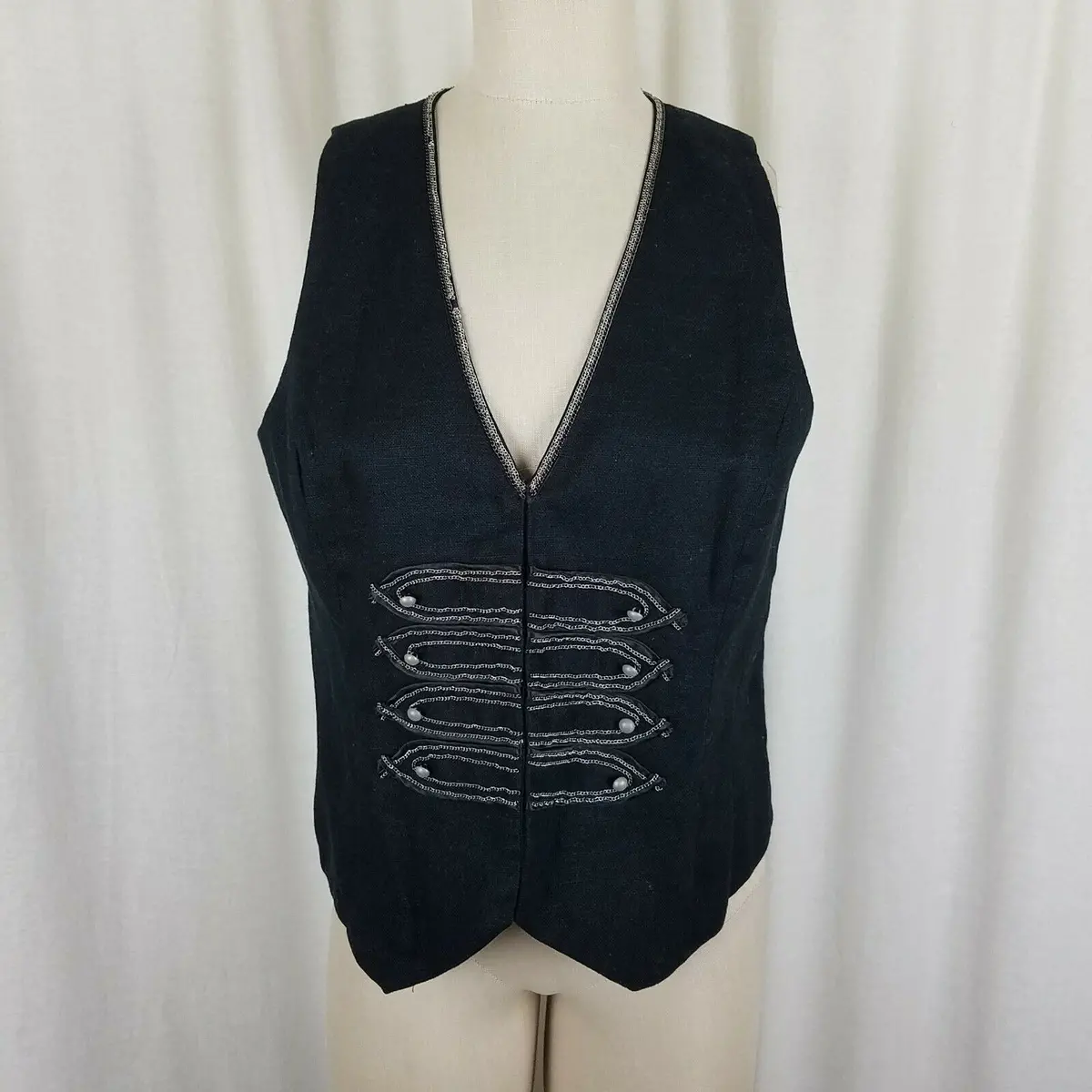 Chico's Linen Embroidered Pointed Vest Womens 1 M Half Belted Back Zip Up Black 1