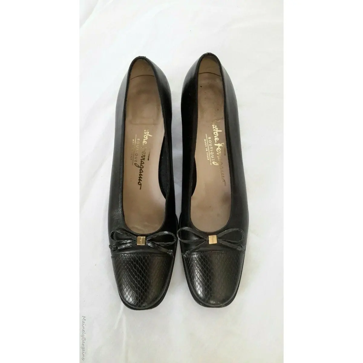 Salvatore Ferragamo Boutique Snake Skin Look Bow Low Heel Black Italy Womens 6 1
