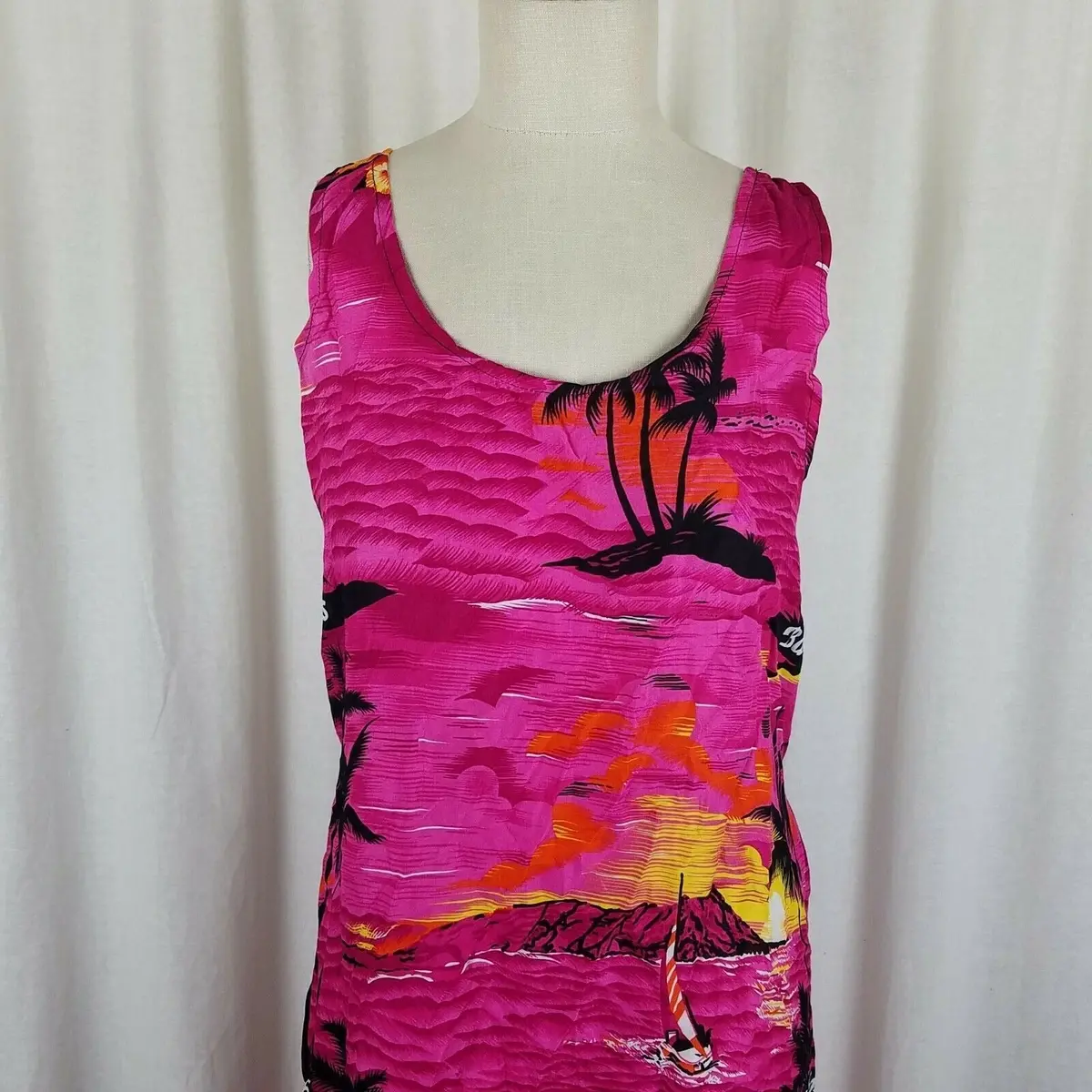 Barbados Hawaiian Tiki Hot Pink Scoop Neck Rayon Floral Tank Dress Womens M L 2