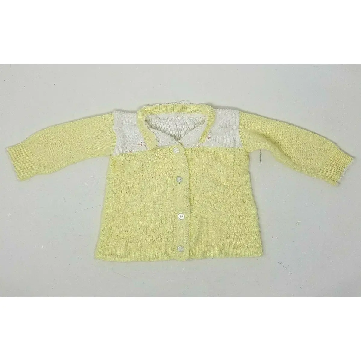 Vintage Yellow & White Crosshatch Knit Cardigan Sweater Baby Girls 12 M Unisex 1