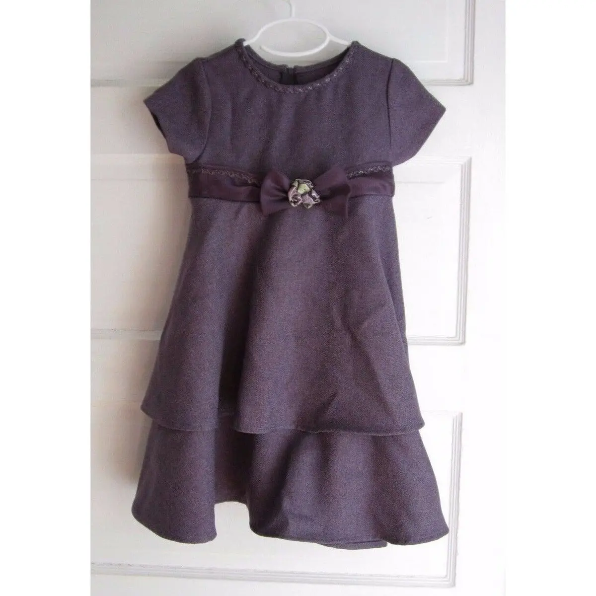 Bonnie Jean Herringbone Tweed Ruffles Tiered Sash Bow Midi Dress Purple Girls 5 1