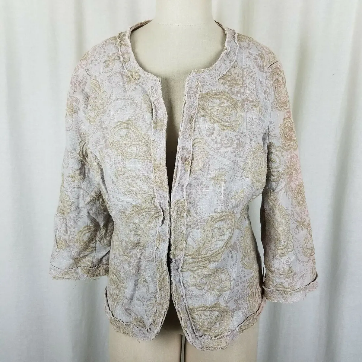 Coldwater Creek Woven Textured Embroidered Tapestry Jacket Womens 12 3/4 Sleeve 1